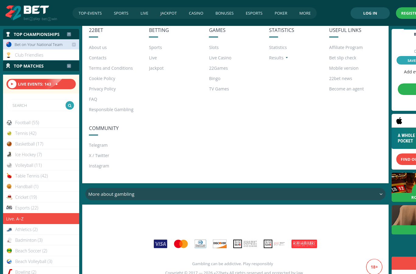 The 22BET site footer: terms, responsible-gambling and policy links, payment marks, award badges and the 18+ mark.