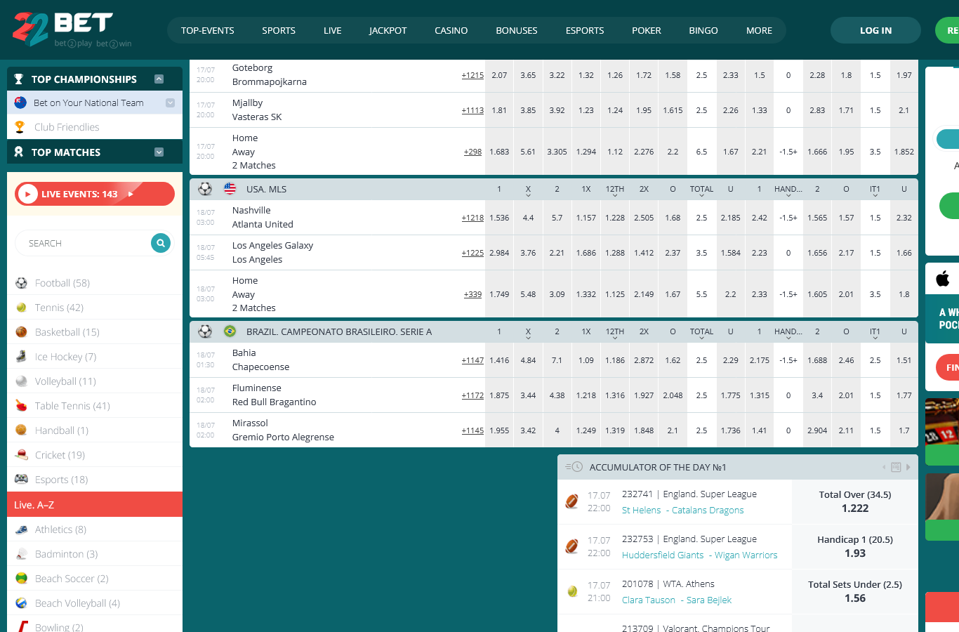 Inside 22BET's live-odds view at capture time: league markets across football, tennis and North American sport, with the accumulator rail below.