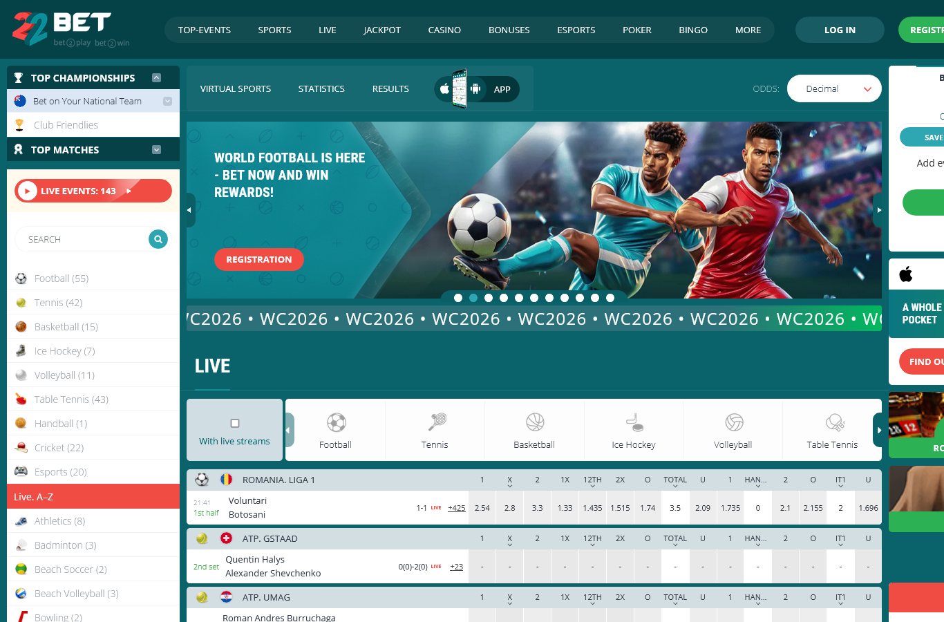 The 22BET home page as we captured it in July 2026: a sportsbook-led storefront with live odds, the casino tab one click away. Offers can be region-served; the figures in this review come from the offer terms served for Ireland.