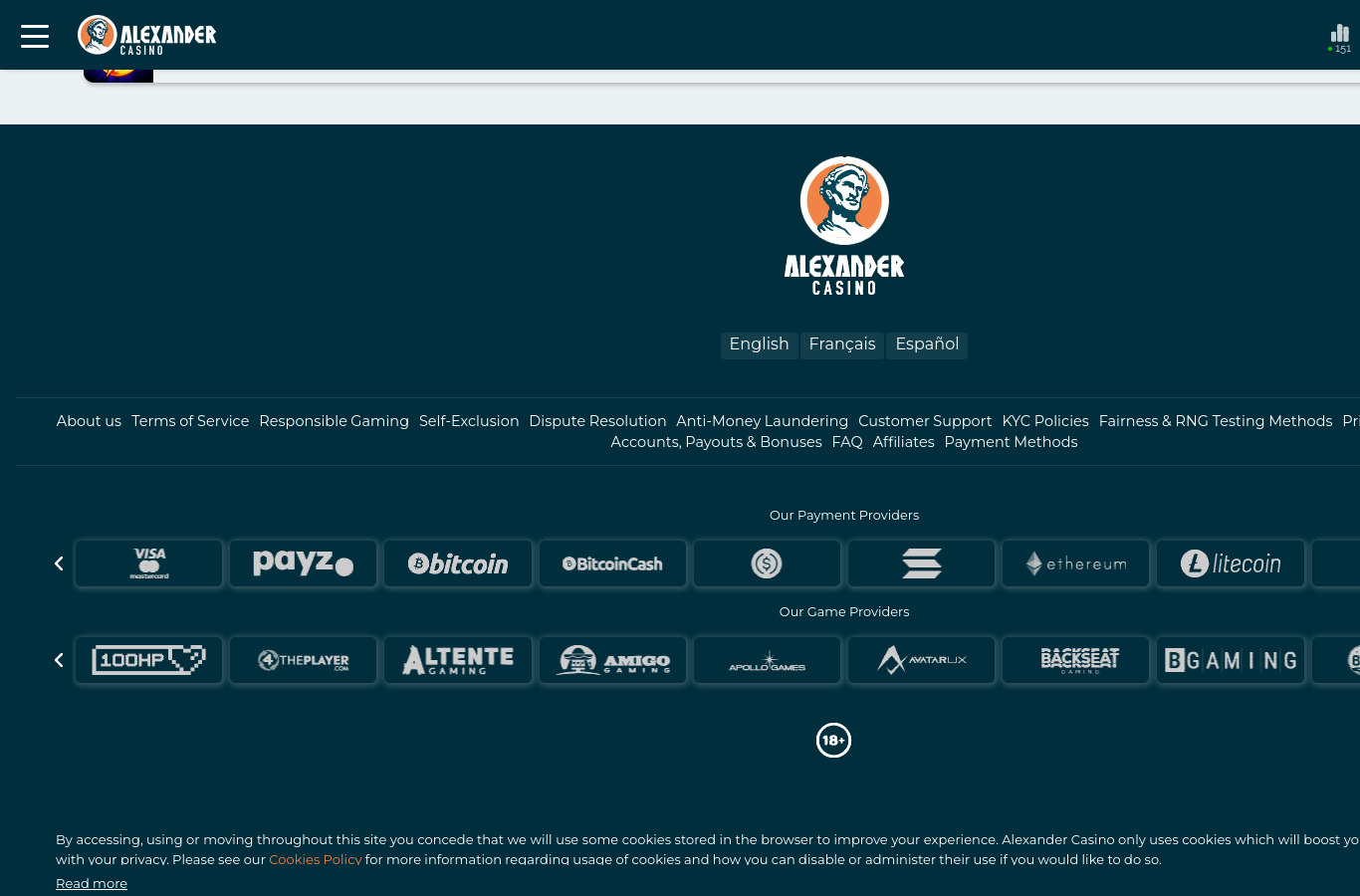 The Alexander site footer: policy links including dispute resolution and KYC, payment marks led by cards and crypto, game-provider logos and the 18+ mark.