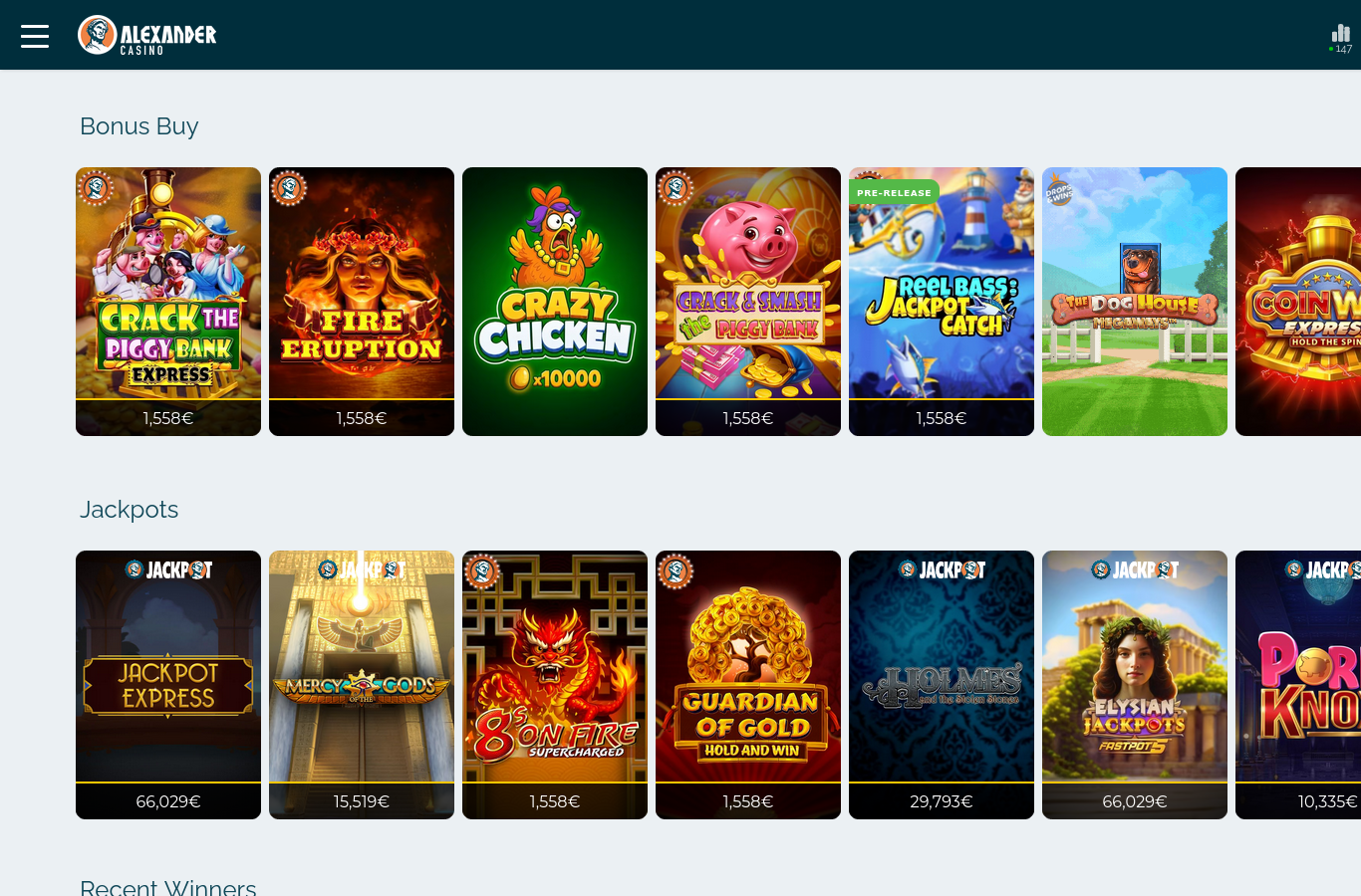 Inside the Alexander games library at capture time: Bonus Buy and Jackpots rows with live jackpot tickers, the categories a first-time visitor sees.