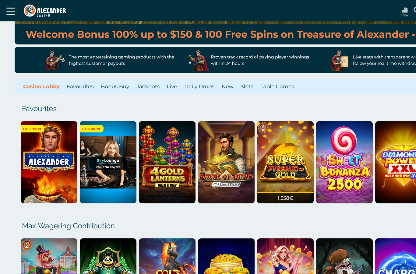 The Alexander lobby as we captured it in July 2026: the welcome banner (100% up to $150 plus 100 free spins on Treasure of Alexander in our capture region), the Favourites rows and the site's own payout claims strip. Offers are region-served; the review quotes the CAD terms from the live offer.