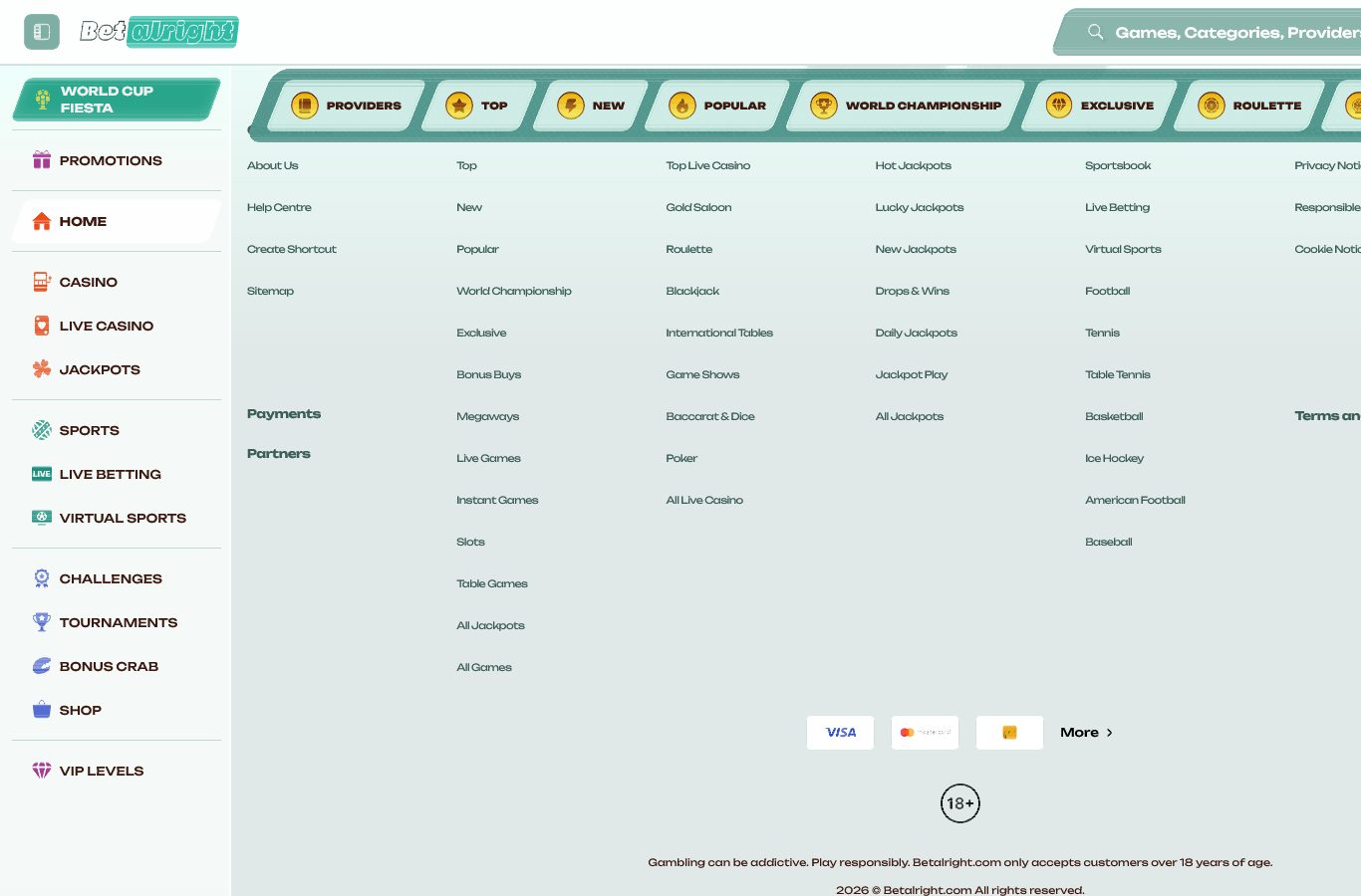 The site footer: payment marks, the 18+ mark and the responsible-play line. The operator name appears in the footer's terms pages.