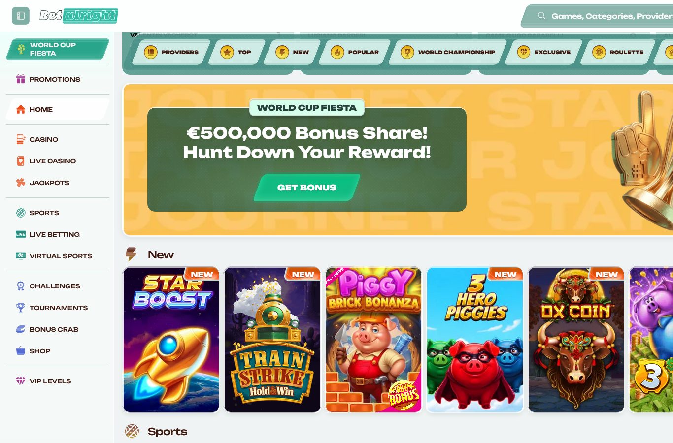 The games library: New and Popular rows with Pragmatic Play, Hold and Win and jackpot titles visible, plus the sports categories.