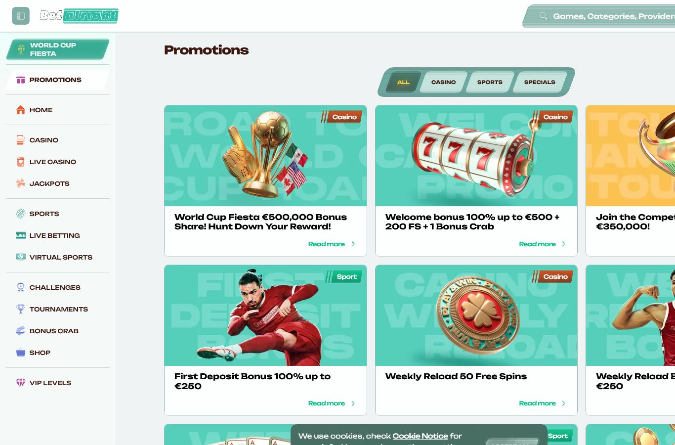 The promotions page at capture time: welcome package, weekend reload and free-spins offers. Terms sit behind each Read more.