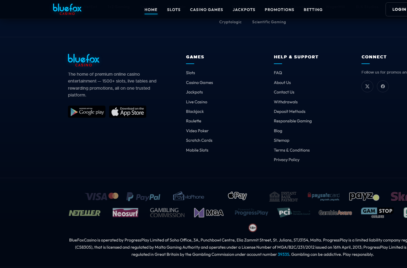 The BlueFox site footer: the full licence line naming ProgressPlay Limited (Malta C58305), MGA/B2C/231/2012 and UK Gambling Commission account 39335, with GamStop, GambleAware and 18+ marks and the payment roster including PayPal.