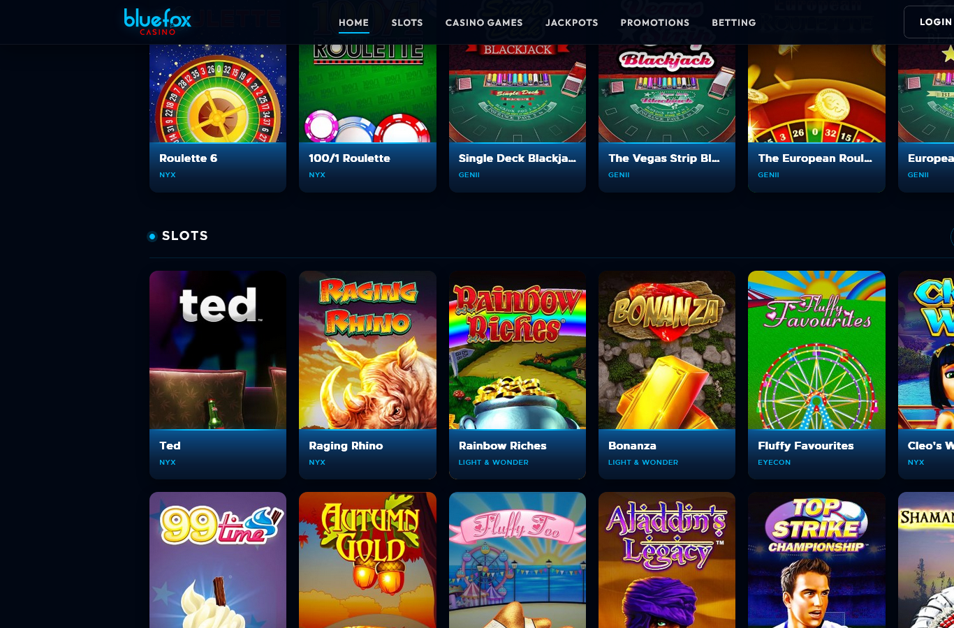 Inside the BlueFox games lobby at capture time: the slots, live casino and jackpot rows a first-time visitor sees on the ProgressPlay platform.