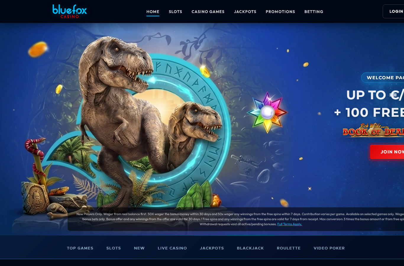 The BlueFox home page as we captured it in July 2026. Note the small print on this geo-served hero quotes a 50x-wagering variant of the package: the UK welcome tile on the promotions page carries the 10x terms this review documents, a reminder that offers are region-served and the tile terms are the ones that bind you.