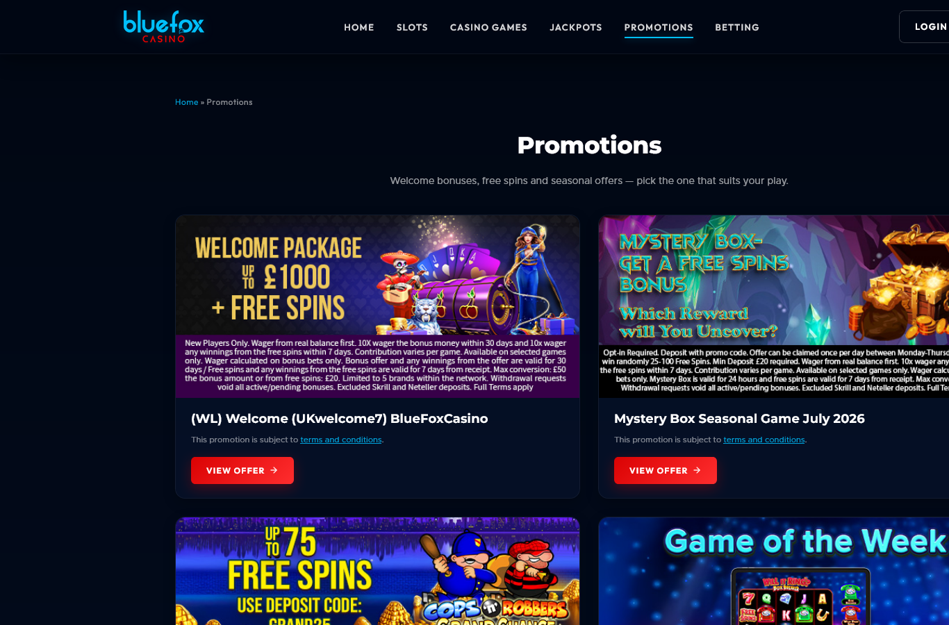 The BlueFox promotions page at capture time: the (WL) UKwelcome7 welcome package (up to 1,000 pounds plus free spins, 10x wagering, 50/20 conversion caps and the Skrill/Neteller exclusion all stated on the tile) alongside the Mystery Box seasonal promotion.