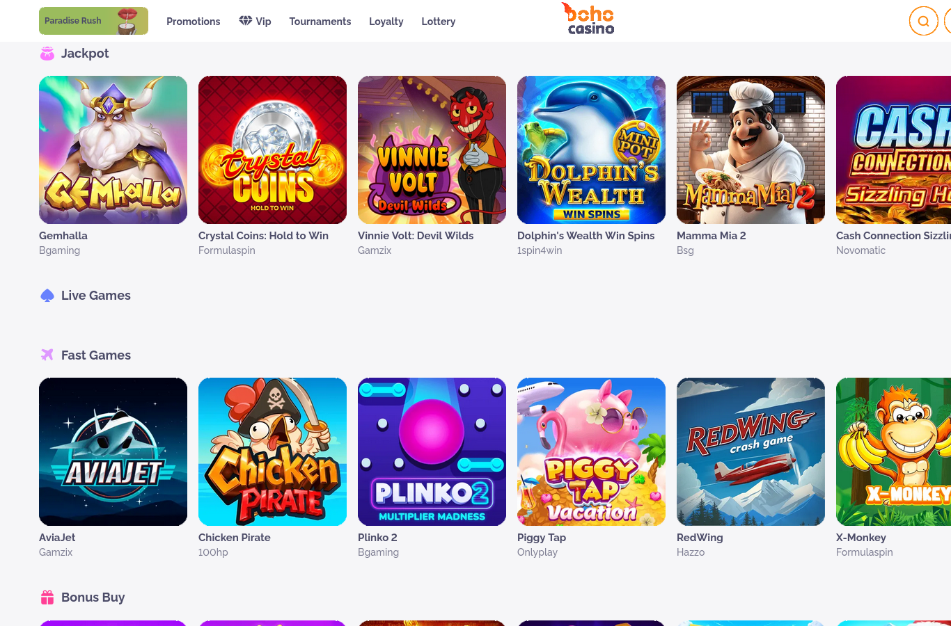 Deeper in the Boho lobby: jackpot, live-games and fast-games sections showing the breadth of the catalogue, with bonus-buy rows below.