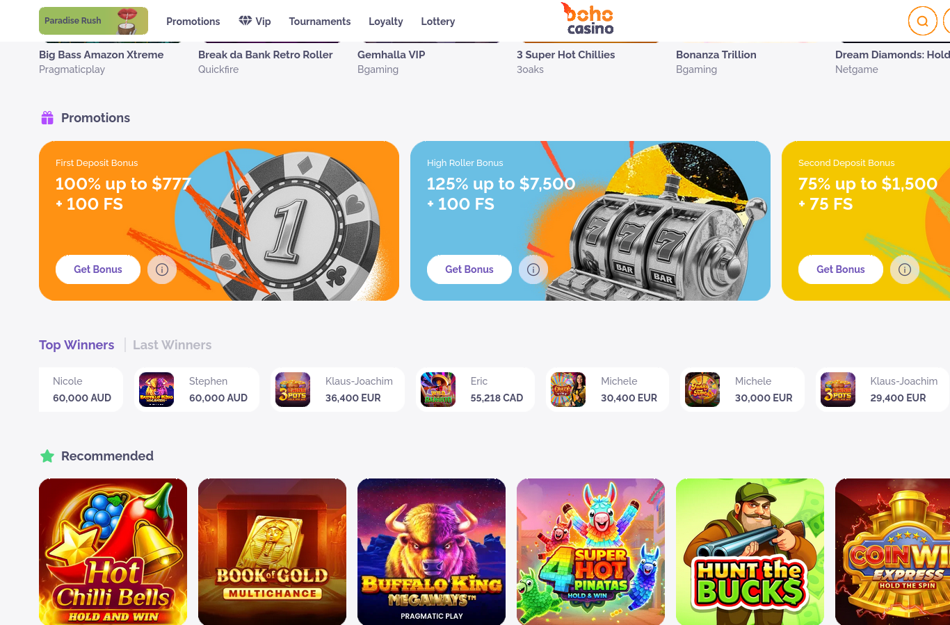 Further down the Boho lobby at capture time: the deposit-bonus cards (100% up to $777 + 100 FS, then 75% and 50% steps, with a high-roller variant), recent-winner ticker and recommended slots rows.
