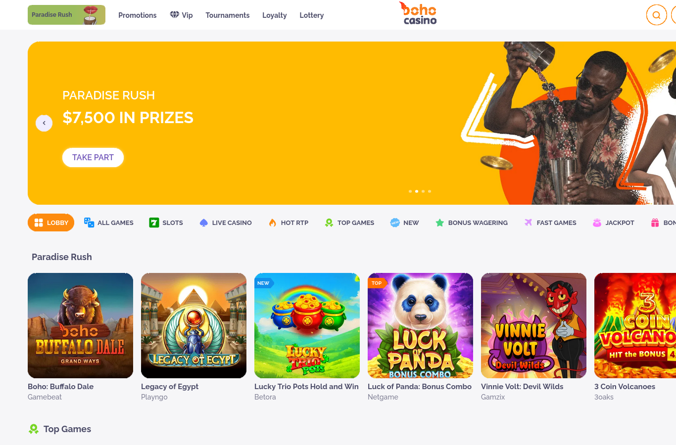 The Boho Casino lobby as we captured it in July 2026: the Paradise Rush promotion and the game rows a first-time visitor sees. Offers can be region-served; the figures in this review come from the live offer terms served for Ireland.