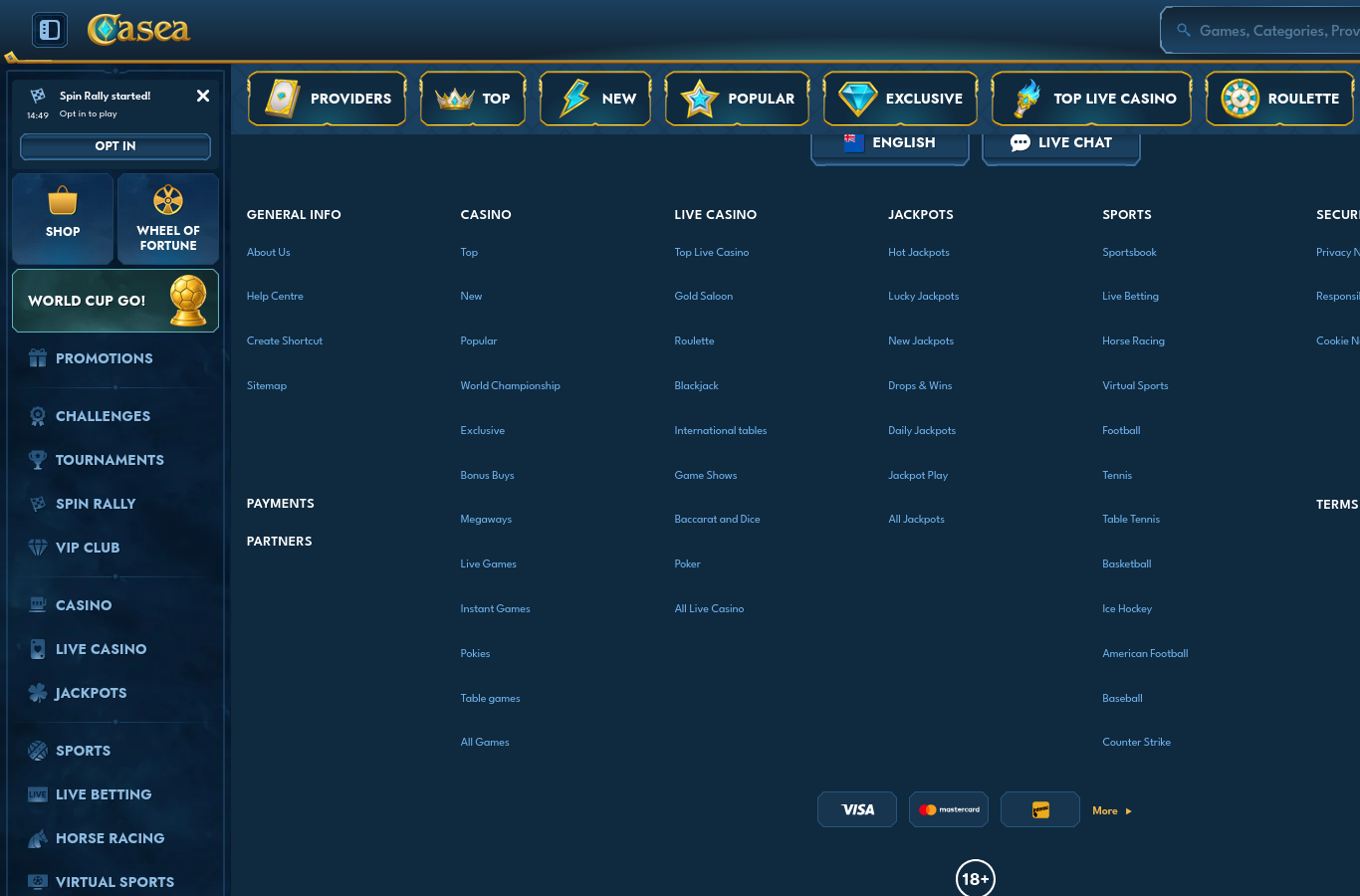 The Casea site footer: payment marks, the 18+ age mark and the site's category and policy links. Note what is missing, no named operating company and no licence seal.