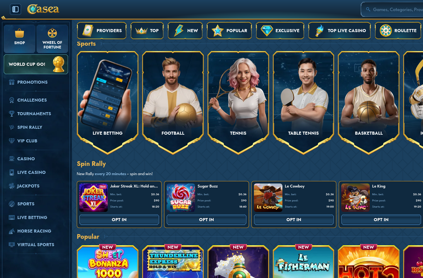 Inside the Casea lobby at capture time: sport categories, the site's Spin Rally mechanic and the popular slots rows a first-time visitor sees.