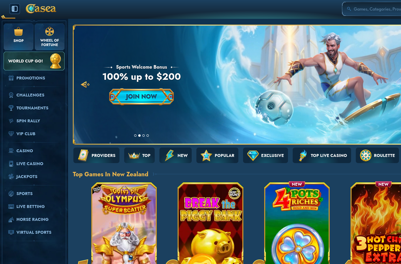 The Casea home page as we captured it in July 2026. The storefront is geo-served (our capture region was shown a New Zealand games shelf and a sport-first banner), so Irish visitors may see different rows; the figures in this review come from the offer terms served for Ireland, not this banner.