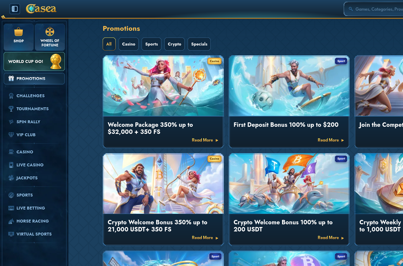 The Casea promotions page at capture time, led by the multi-deposit welcome package (350% up to $32,000 plus 350 free spins on this banner) with crypto offers quoted in USDT. The review quotes the offer terms served for Ireland from the live offer, and bonus winnings are capped.