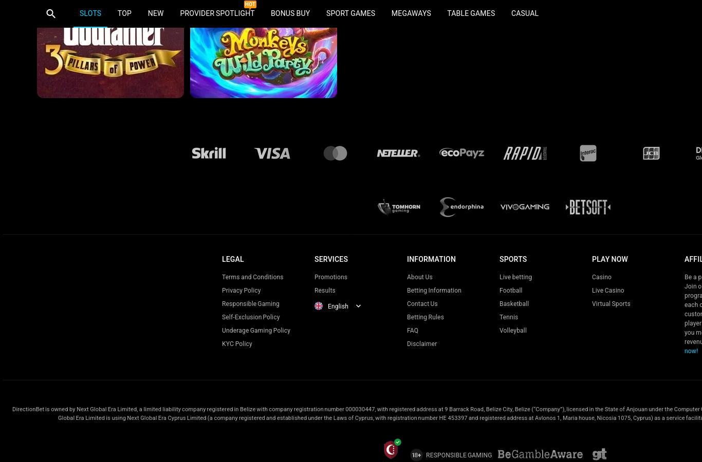 The DirectionBet site footer: payment marks, age mark and the responsible-play line.