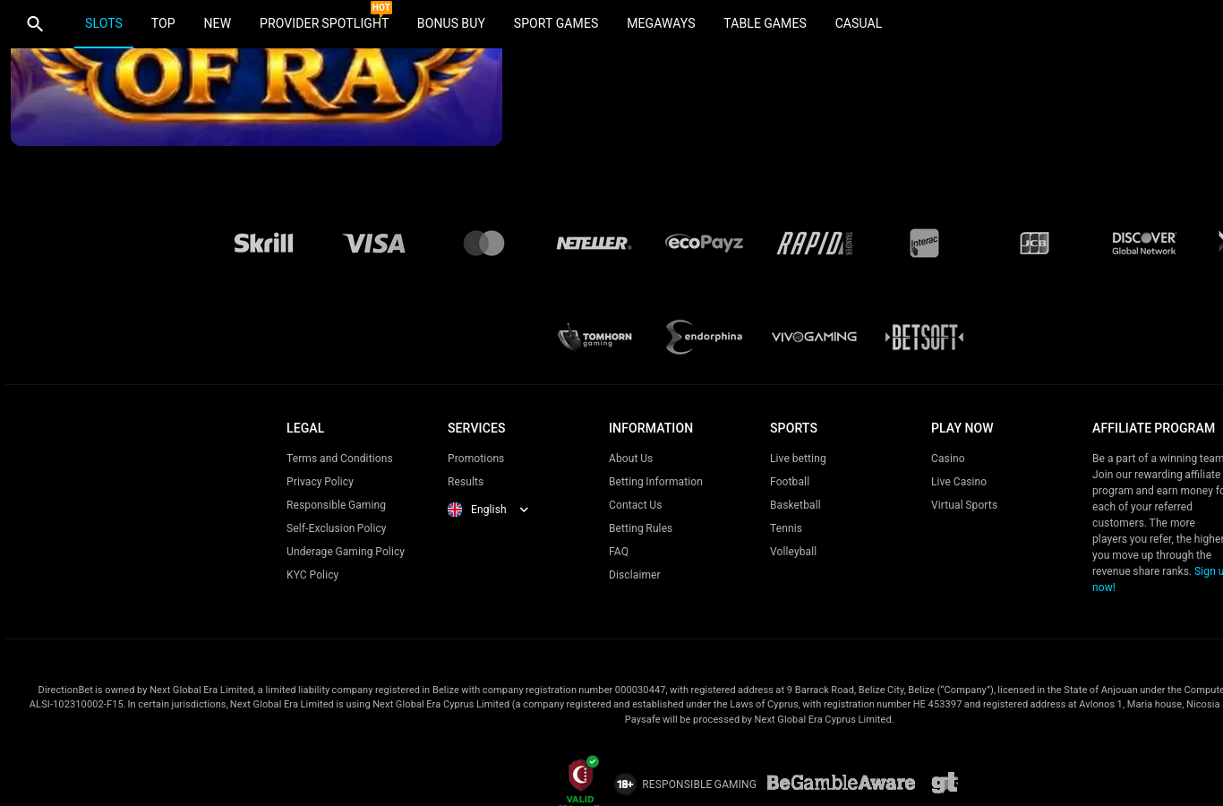 The DirectionBet site footer: payment marks, age mark and the responsible-play line.