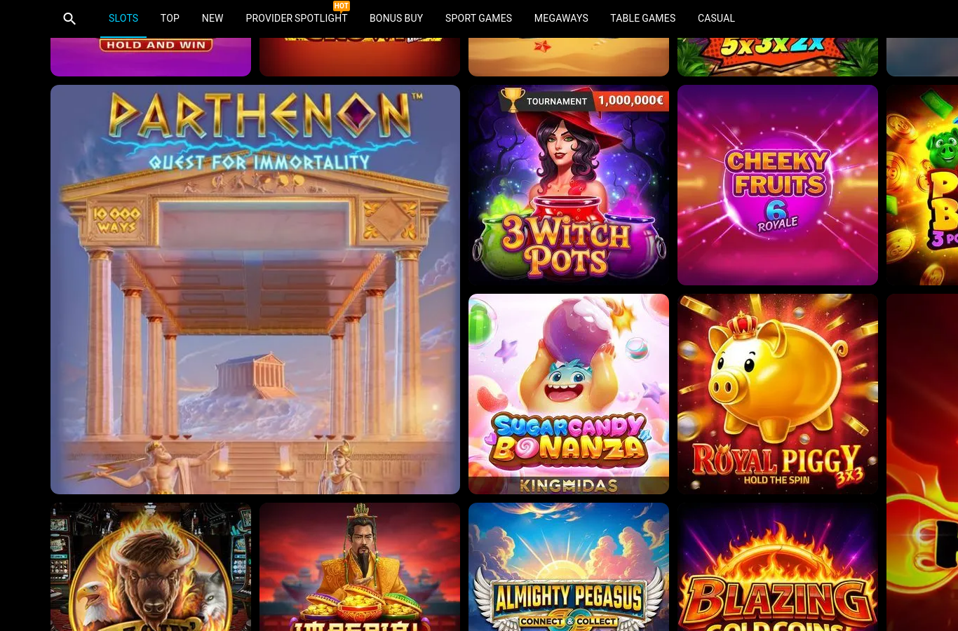 The DirectionBet games library at capture time: the rows and providers visible to a first-time visitor.
