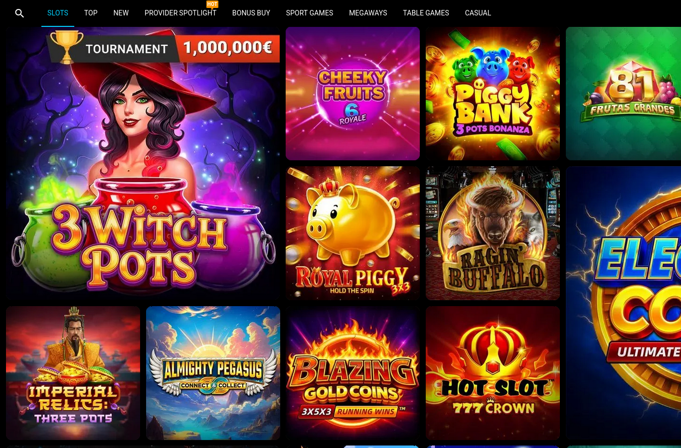 The DirectionBet games library at capture time: the rows and providers visible to a first-time visitor.