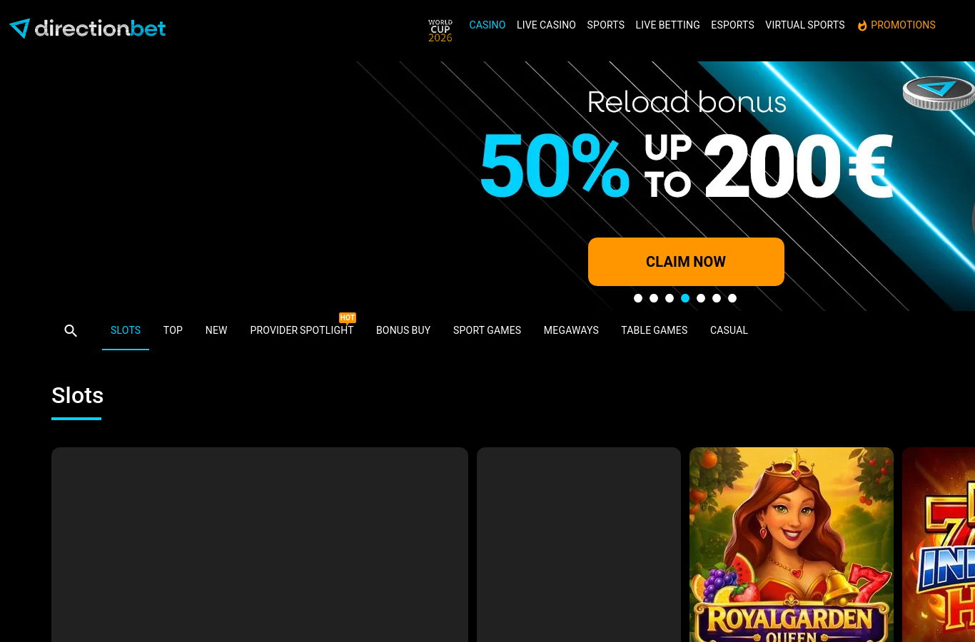 The DirectionBet lobby and welcome banner as we captured it in July 2026. Offers can be region-served; the figures quoted in this review are the ones shown to our capture region.