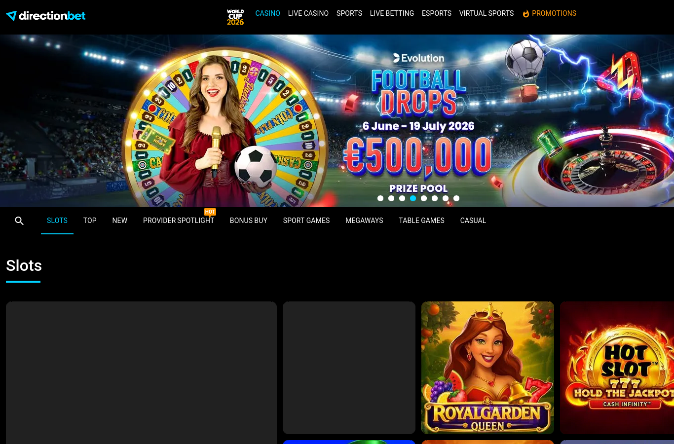 The DirectionBet lobby and welcome banner as we captured it in July 2026. Offers can be region-served; the figures quoted in this review are the ones shown to our capture region.
