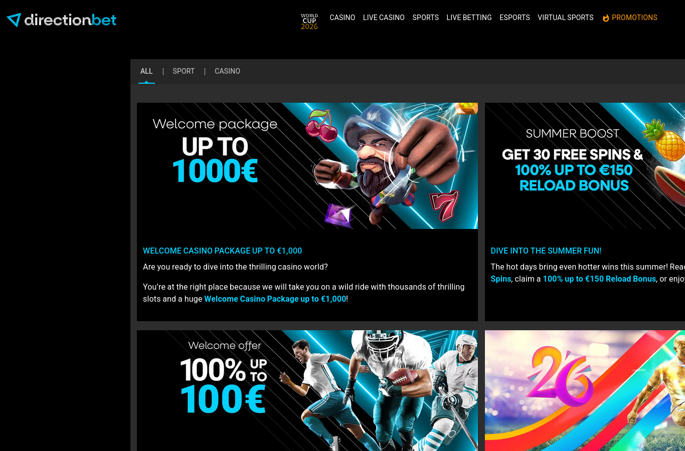 The DirectionBet promotions page at capture time. Terms sit behind each offer's details link.