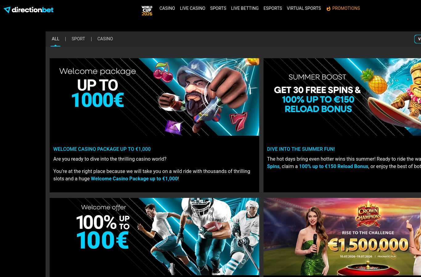 The DirectionBet promotions page at capture time. Terms sit behind each offer's details link.