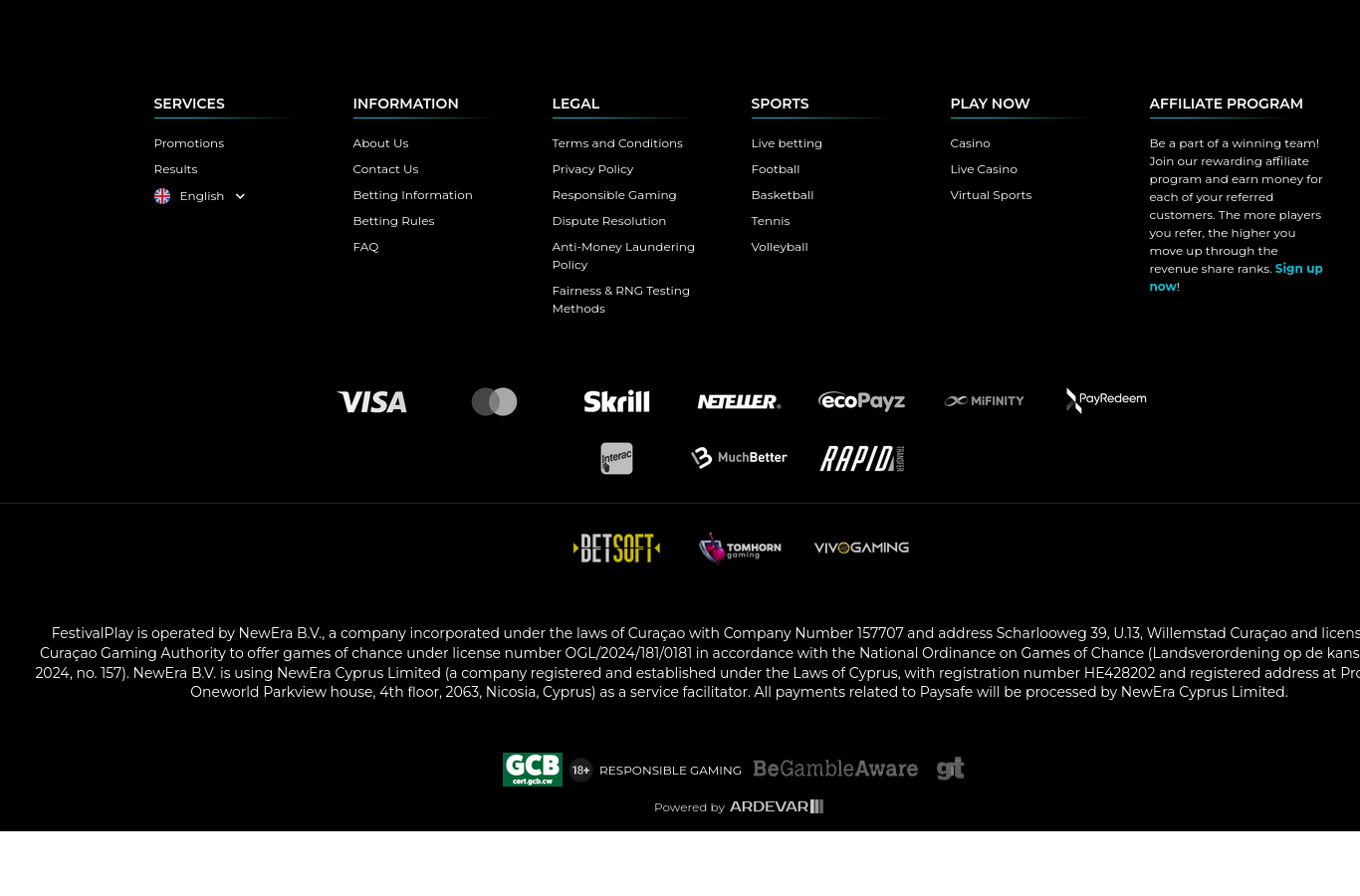 The FestivalPlay site footer: licence and operator line, payment marks and the responsible-play links.