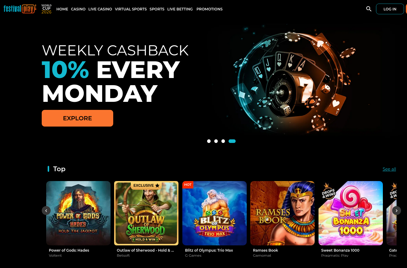 The FestivalPlay home page as we captured it in July 2026: the weekly 10% cashback banner and the Top games row. Offers are region-served (our capture region was quoted in euros); the figures in this review come from the offer terms served for Ireland.