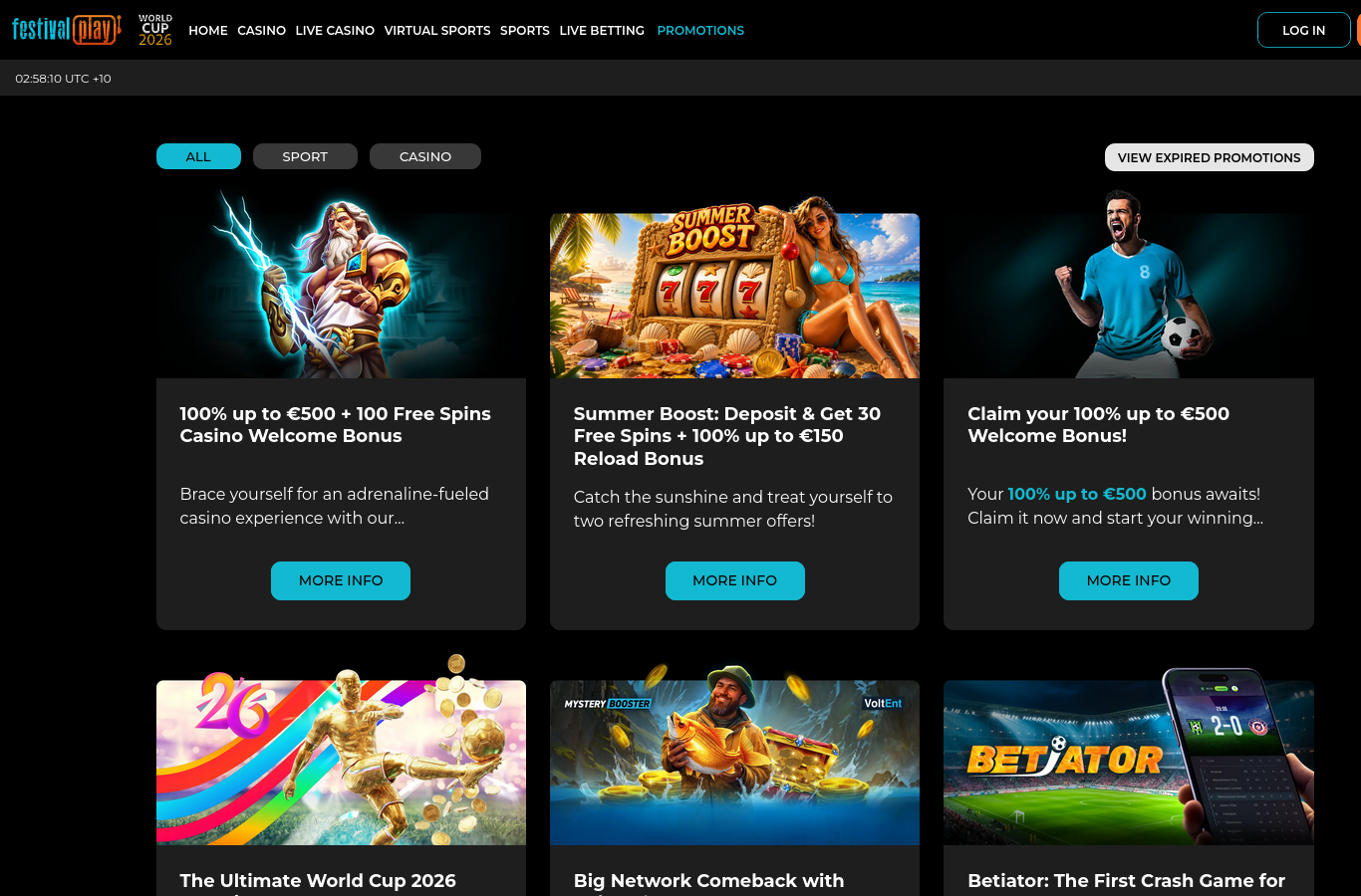The FestivalPlay promotions page at capture time: the welcome bonus (100% up to 500 euros plus 100 free spins on this banner), Summer Boost reload and World Cup promotions. Terms sit behind each offer's info link.