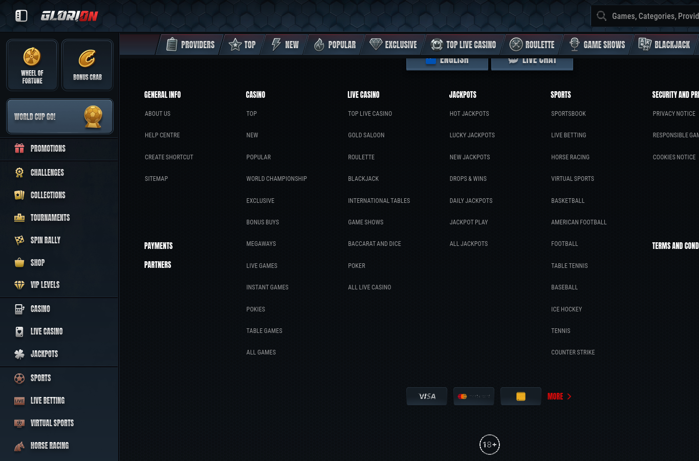 The Glorion site footer: payment marks, the 18+ age mark and the site's category and policy links. Note what is missing, no named operating company.