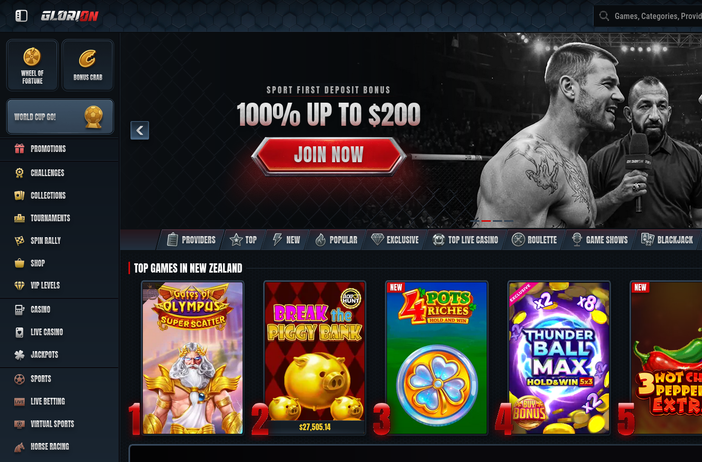 The Glorion home page as we captured it in July 2026. The storefront is geo-served (our capture region was shown a New Zealand shelf and a sport-first banner), so Irish visitors may see different rows; the figures in this review come from the offer terms served for Ireland, not this banner.