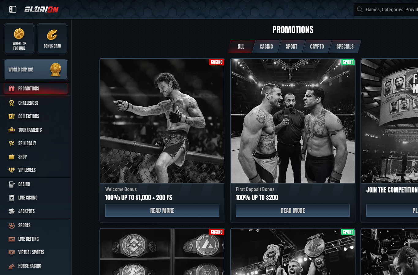 The Glorion promotions page at capture time, with the multi-part welcome (match plus free spins) and casino, sport and crypto tabs. Terms sit behind each offer's read-more link.