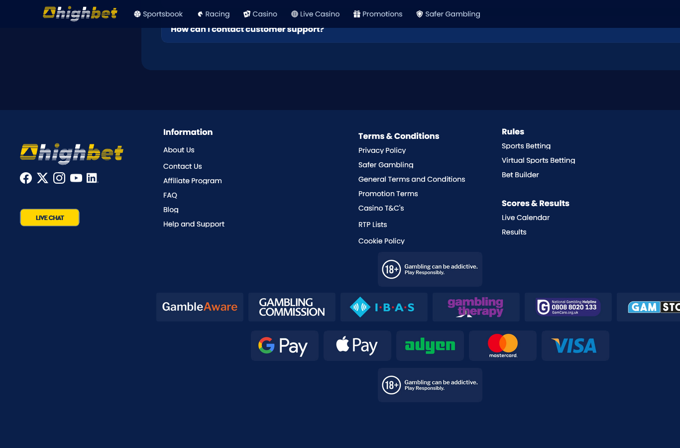 The HighBet footer, July 2026: GambleAware, Gambling Commission, IBAS, Gambling Therapy and GAMSTOP marks, the National Gambling Helpline 0808 8020 133, RTP Lists link, and Google Pay, Apple Pay, Adyen, Mastercard and Visa payment marks with the 18+ responsible-play line.