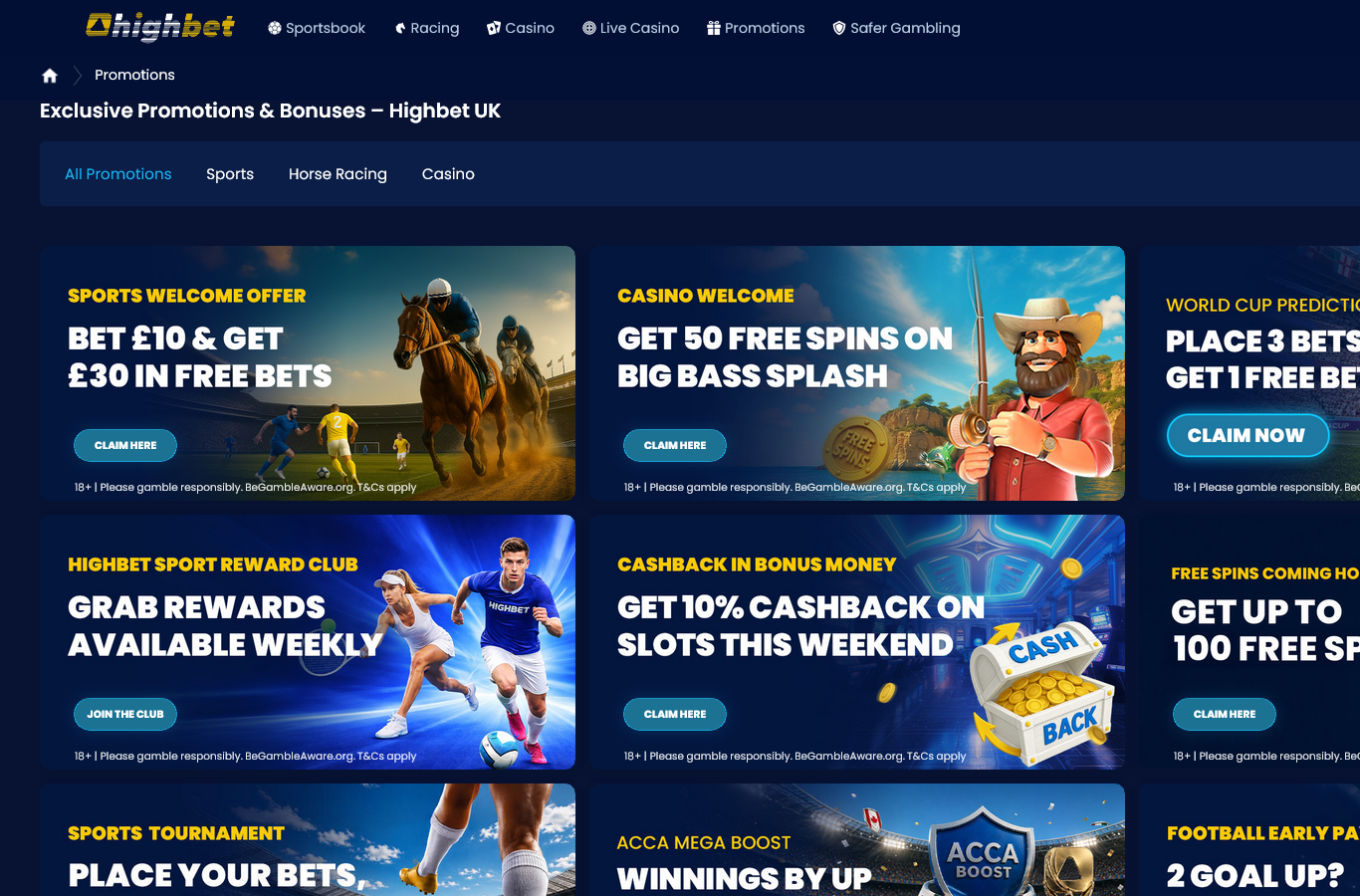 The HighBet promotions page, July 2026: sports welcome (bet 10 pounds, get 30 in free bets), casino welcome (50 free spins on Big Bass Splash), a weekend 10 percent slots cashback and the Sport Reward Club. Every tile carries the 18+ BeGambleAware line.