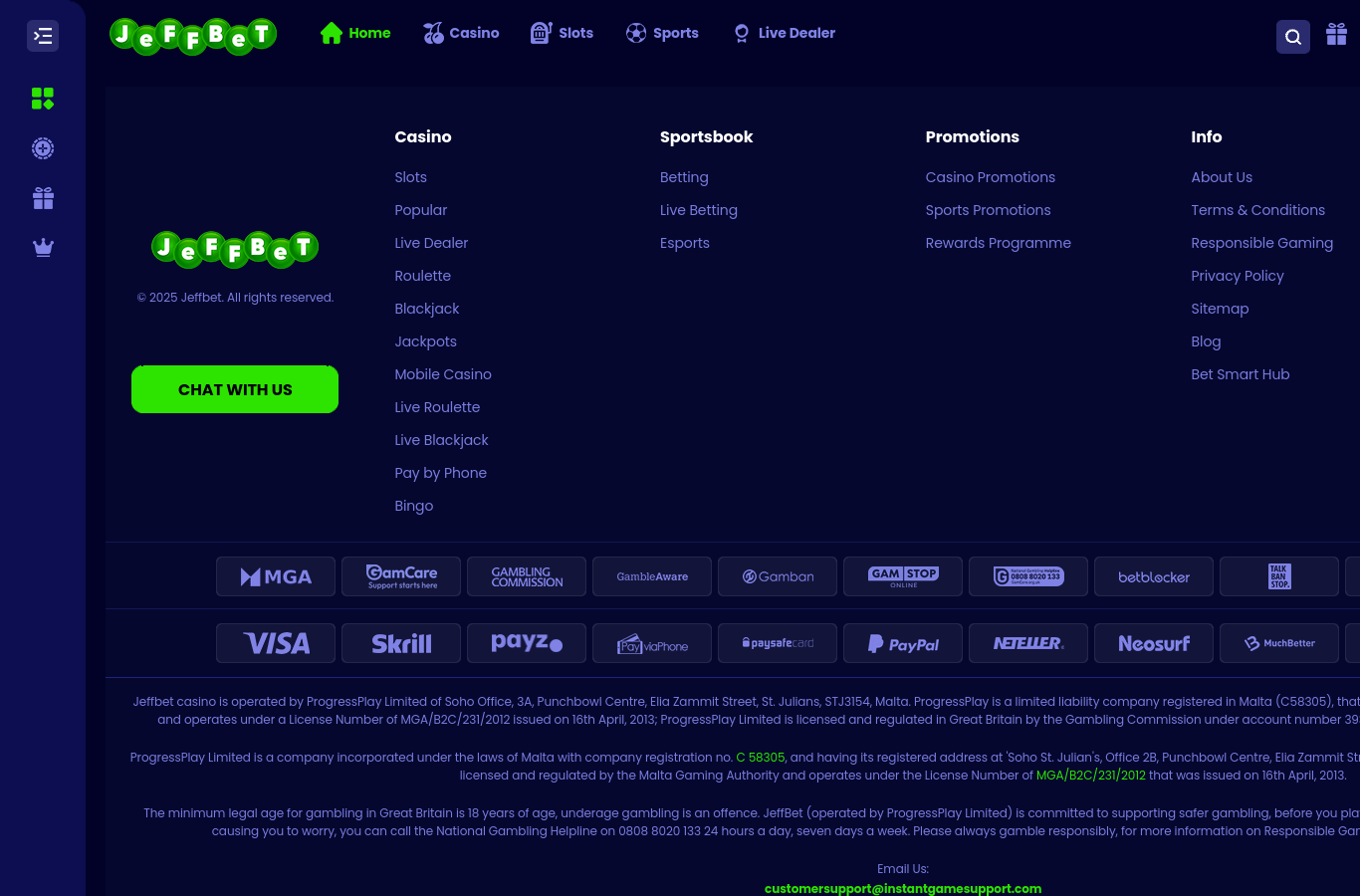 The JeffBet site footer: the licence paragraph naming ProgressPlay Limited (Malta company C58305) and MGA/B2C/231/2012 issued 16 April 2013, alongside the regulator and safer-gambling marks (Gambling Commission, GamCare, GambleAware, Gamban, GamStop, betblocker, TalkBanStop) and the payment roster including Visa, Skrill, PayPal, Neteller and MuchBetter. The UK Gambling Commission account number is cut off in this crop; the full number, 39335, is confirmed on the public register.