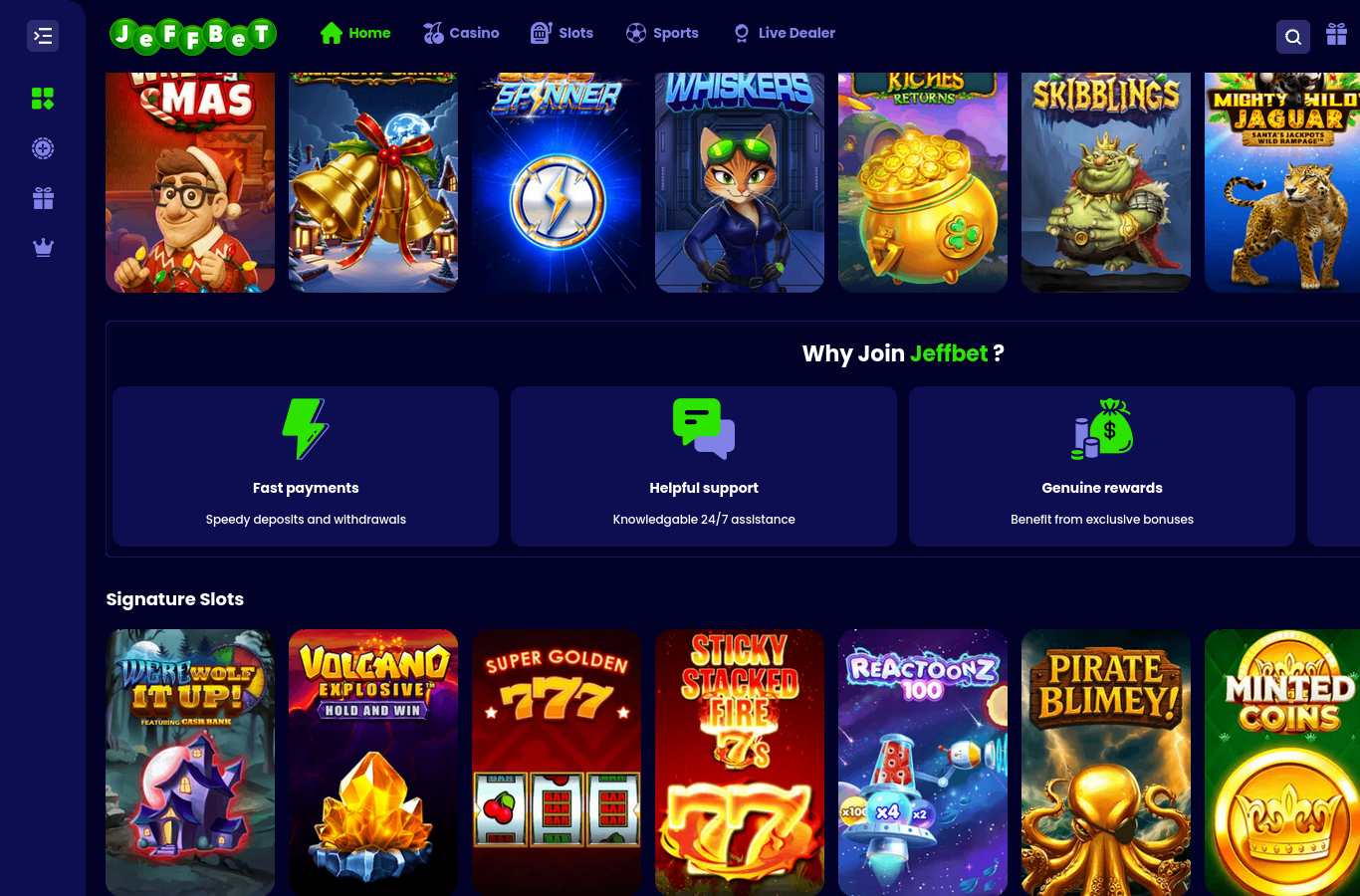 The JeffBet games lobby at capture time: named slot tiles including Reactoonz 100 and Sticky Stacked Fire 7s under a Signature Slots row, plus the site's own Why Join JeffBet badges for fast payments, support and rewards. No provider logos or a title count are shown on this row; the roughly 2,000 to 2,500 titles and provider roster in this review come from the source review's own count, not a visible tally on this page.