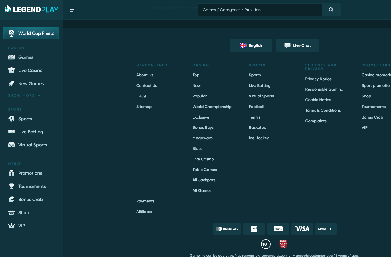 The LegendPlay site footer: payment marks, the 18+ age mark, a responsible-gambling line and the complaints and terms links. The operator, Rabidi N.V., is named in the small print rather than here.