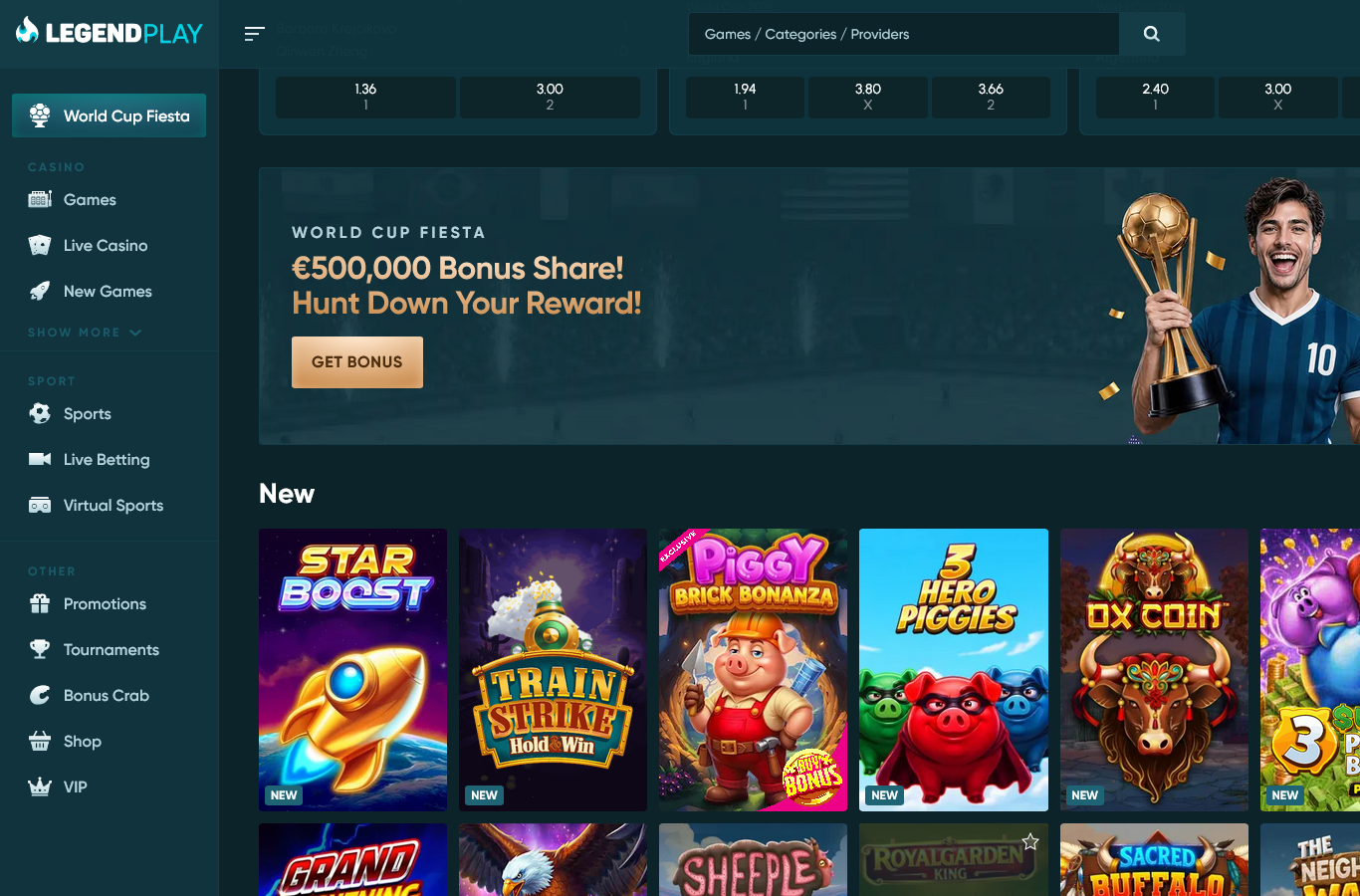 Inside the LegendPlay lobby at capture time (July 2026): the World Cup Fiesta banner, sportsbook odds strip and the New games rows. The storefront we reached quoted promotions in euros; the figures in this review come from the offer terms served for Ireland.