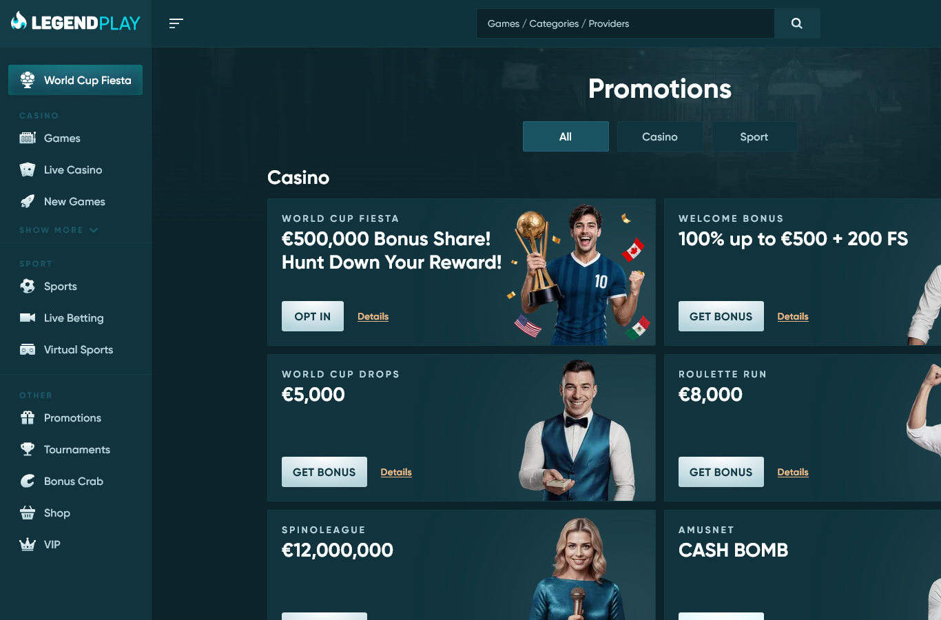 The LegendPlay promotions page at capture time, led by the welcome bonus (100% up to 500 euros plus 200 free spins on this banner) alongside World Cup and roulette promotions. Terms sit behind each offer's details link.