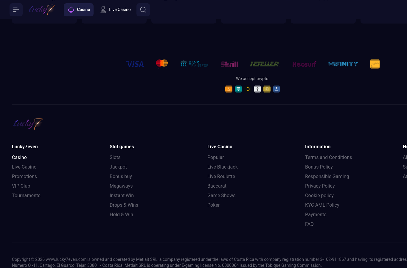 The Lucky7even site footer: payment marks, age mark and the responsible-play line.