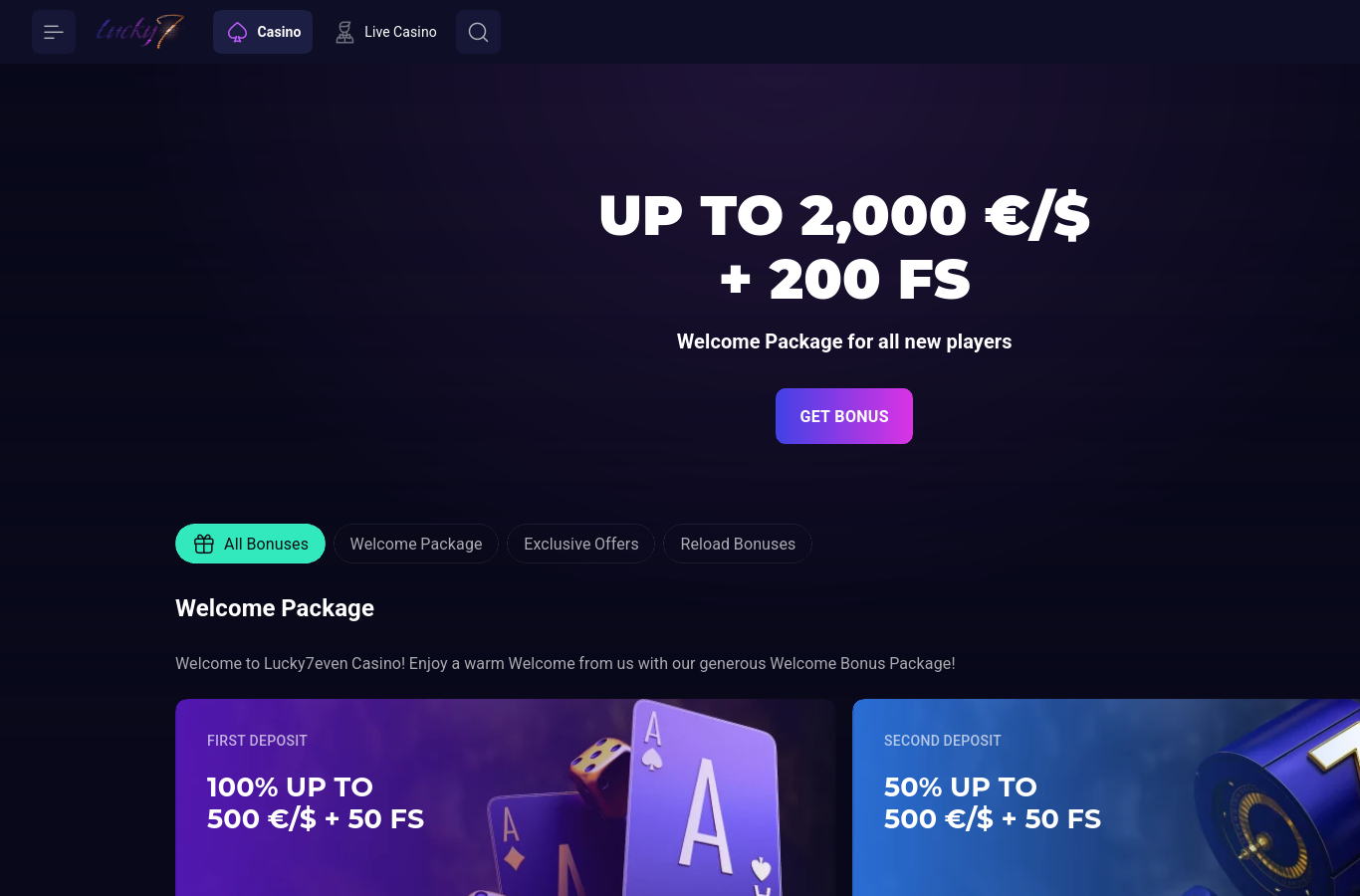 The Lucky7even promotions page at capture time. Terms sit behind each offer's details link.