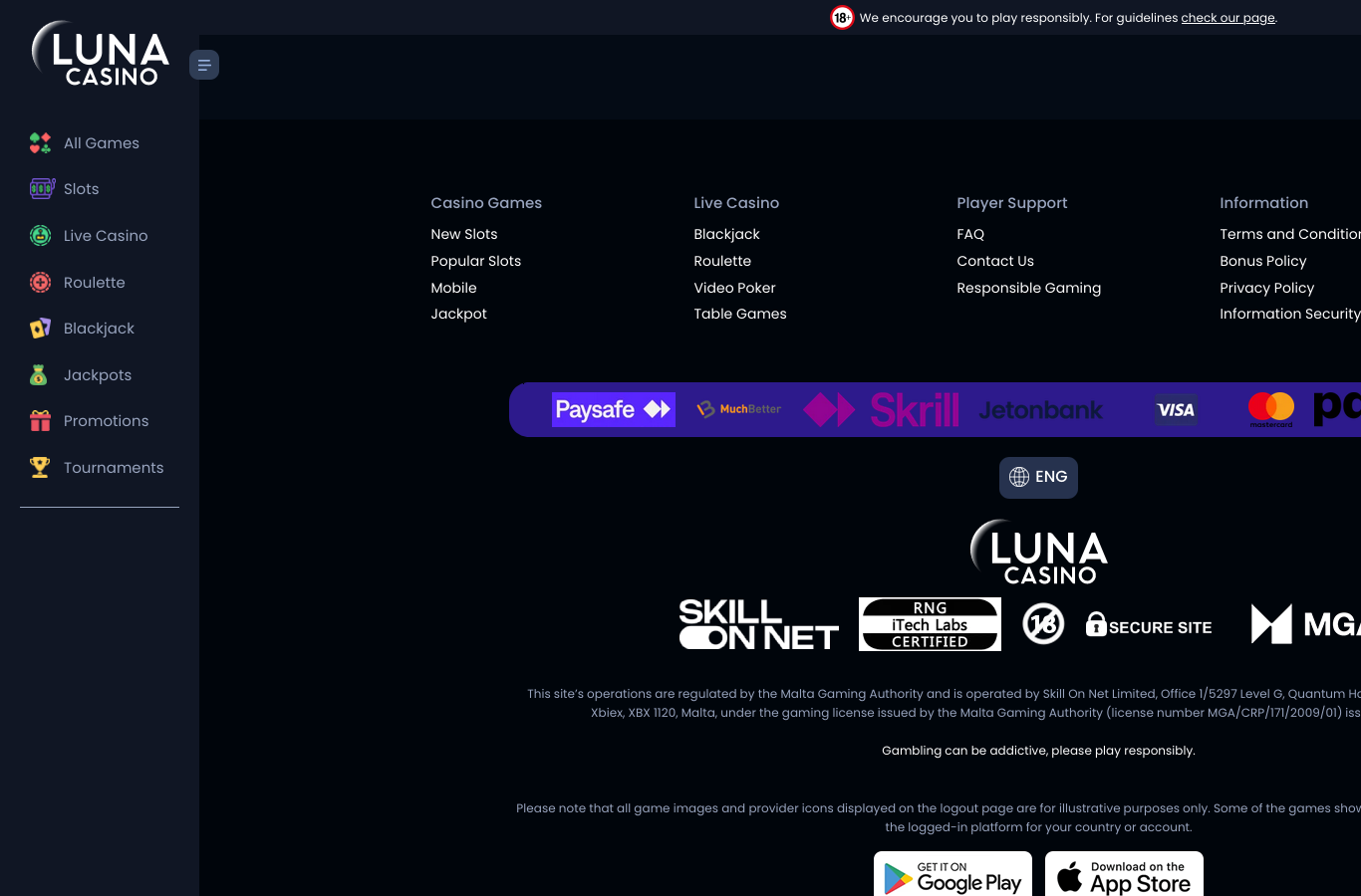 The Luna site footer: Skill On Net Limited's own licence paragraph naming its Malta Gaming Authority licence MGA/CRP/171/2009/01 and a Malta registered office, alongside iTech Labs RNG certification, the 18+ mark and a payment roster including Paysafe, MuchBetter, Skrill, Jetonbank, Visa and Mastercard. This crop does not show a UK Gambling Commission mention; the UKGC account 39326 is confirmed separately on the public register.