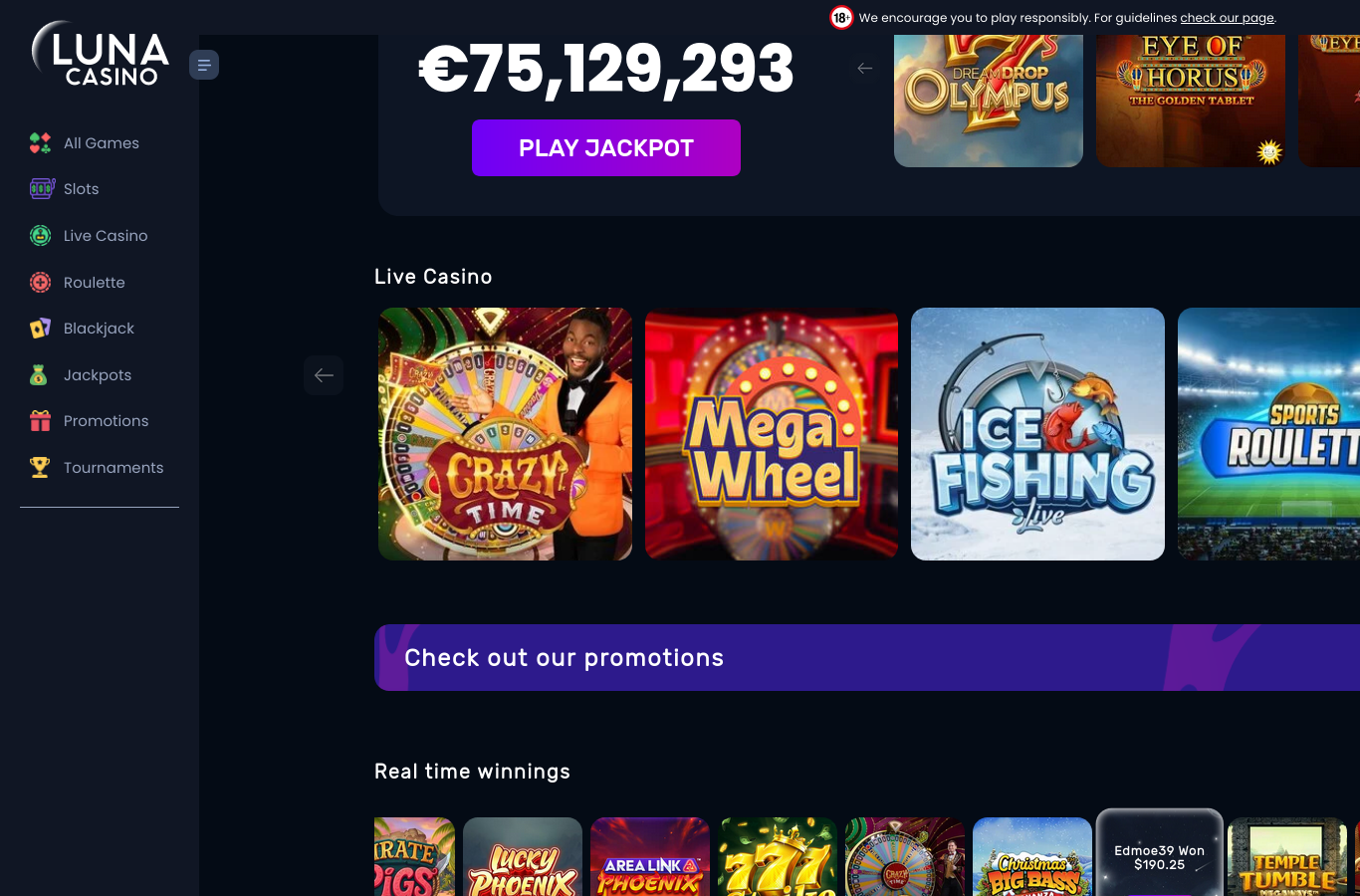 The Luna games lobby at capture time, scrolled to the Live Casino row: named Evolution game shows including Crazy Time and Mega Wheel, both confirmed in the operator's own terms, alongside Ice Fishing Live and Sports Roulette. A live jackpot ticker above shows a running total in euros at capture time, a geo-served, moment-in-time figure rather than a stated fact of this review.