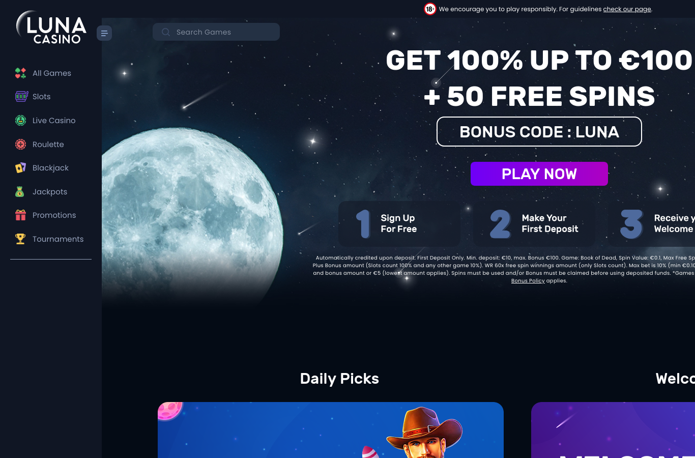 The Luna promotions page at capture time, scrolled to the Daily Picks section confirmed in the operator's own terms, beneath the same hero welcome banner (international/euro variant, 100% up to €100 plus 50 spins) also shown on the home page capture; the GBP en-gb welcome terms this review documents are 100% up to £50 plus 50 spins at 10x wagering.