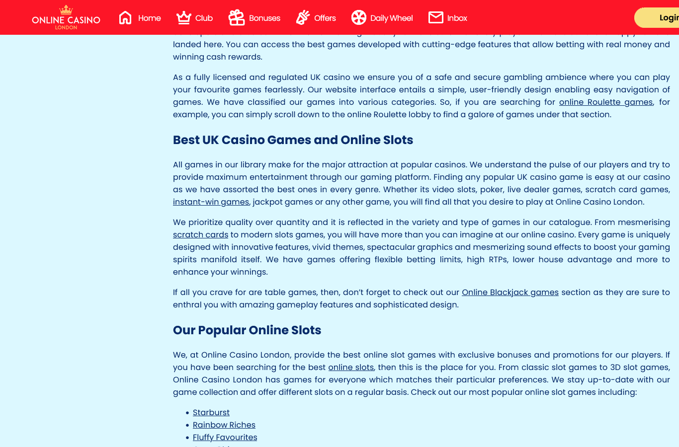 The games section of the Online Casino London homepage: the featured slots row (Big Bass titles, Fluffy Favourites, Starburst, Gold Blitz, Golden Winner) above the site's own description of its slots, table games and scratch card categories.