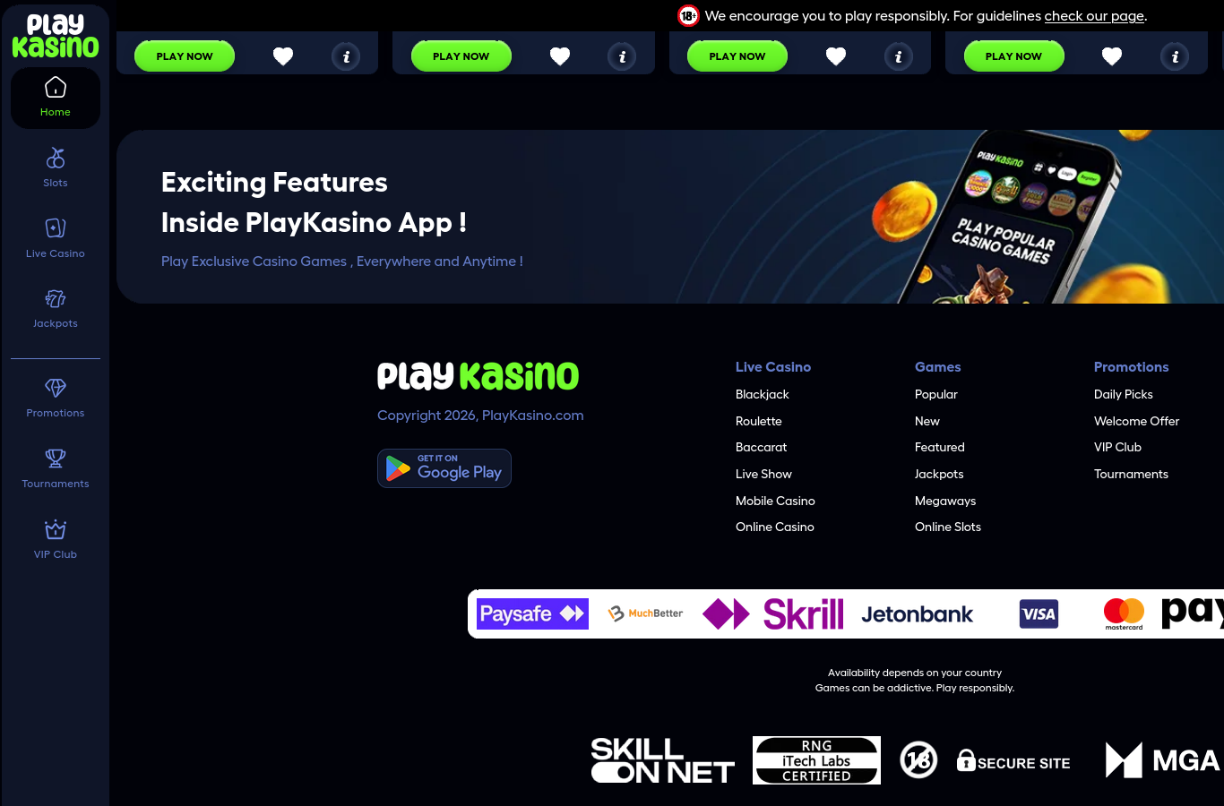 The PlayKasino site footer: the copyright line names PlayKasino.com as the canonical domain, alongside a Google Play app link, payment marks including Paysafe, MuchBetter, Skrill, Jetonbank, Visa and Mastercard, and compliance badges for Skill On Net, iTech Labs RNG certification, an age-restriction mark and an MGA mark. This crop does not show a UK Gambling Commission mention or a legible MGA licence number; the UKGC account 39326 is confirmed separately on the public register, and the 18+ age gate is stated in the site's top banner on every page.