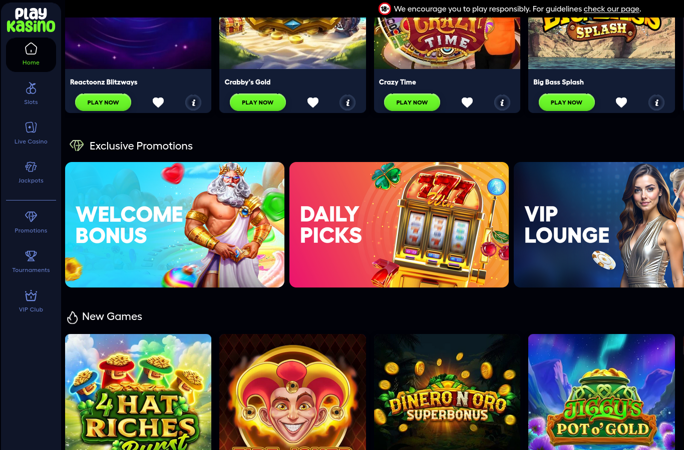 The PlayKasino home page scrolled to Popular Slots and Exclusive Promotions at capture time: Reactoonz Blitzways, Crabby's Gold, Crazy Time and Big Bass Splash sit alongside Welcome Bonus, Daily Picks and VIP Lounge banner tiles, all confirmed in the operator's own terms.