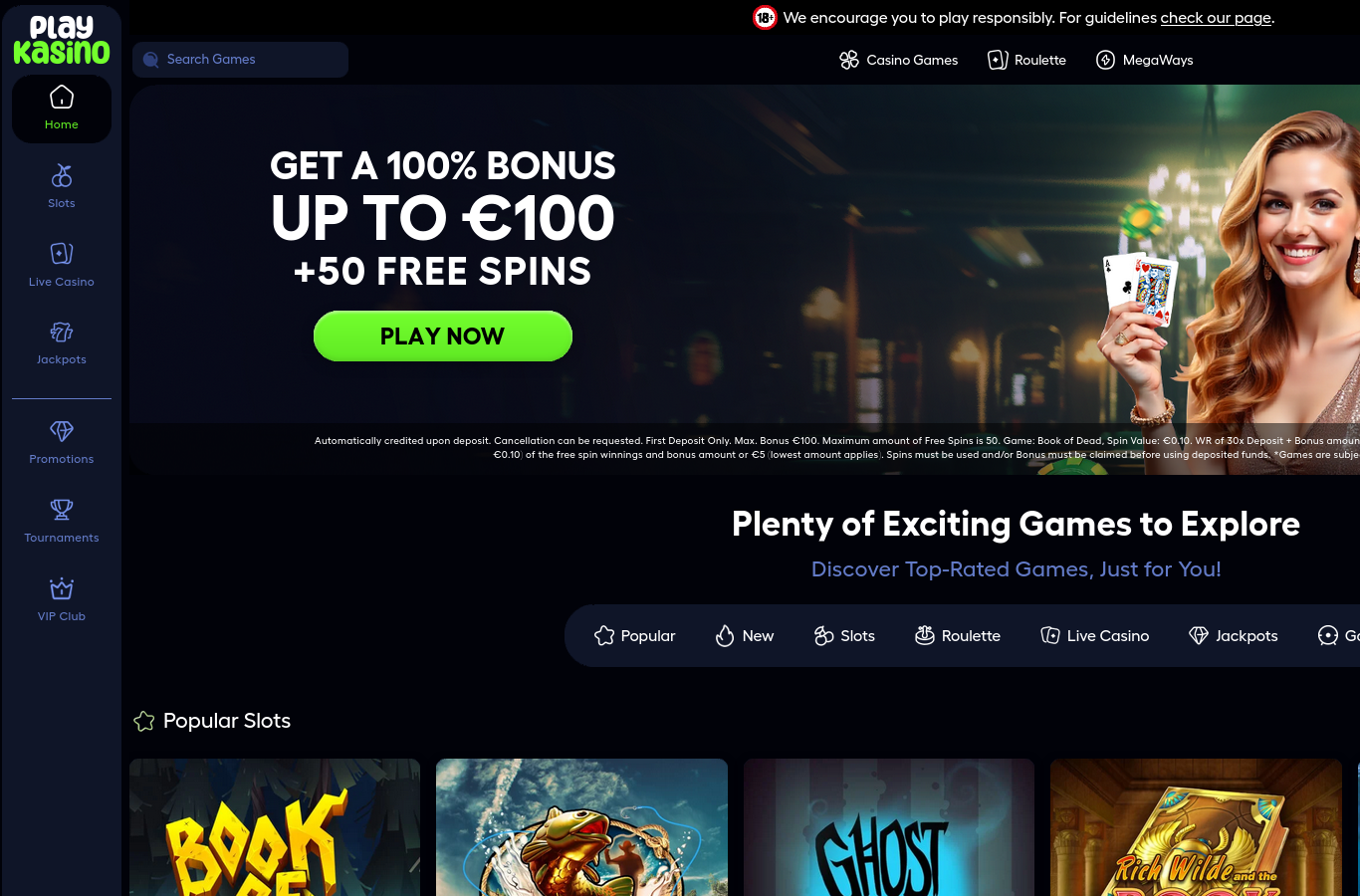 The PlayKasino home page as we captured it in July 2026. This hero banner is the EUR/international variant of the welcome, 100% up to €100 plus 50 free spins on Book of Dead at €0.10 per spin with a 30x wagering requirement on deposit plus bonus, not the GBP en-gb welcome (200 free spins on Book of Dead on a £20 deposit, 10x wagering on winnings) this review documents. Sites in this segment region-serve their lobby; always check the live offer shown at the top of this page before depositing.